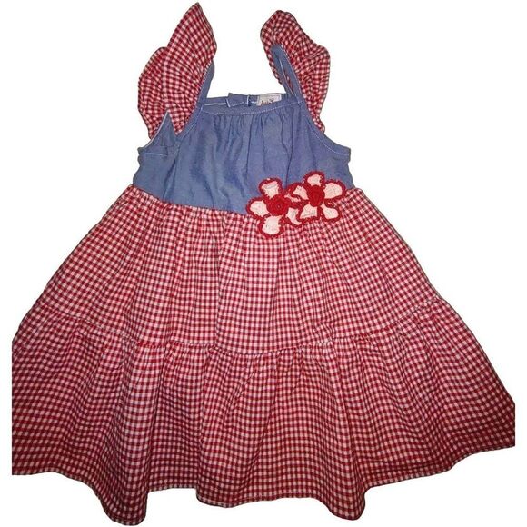 5/$25 Size 4T Girls Seersucker Dress Checked W/ Knit Flowers Ruffle Straps - Picture 1 of 9
